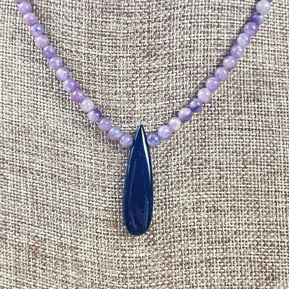 Miriam// Blue Goldstone Teardrop Lepidolite Beaded Necklace (EPJ-NSBB17-BG)