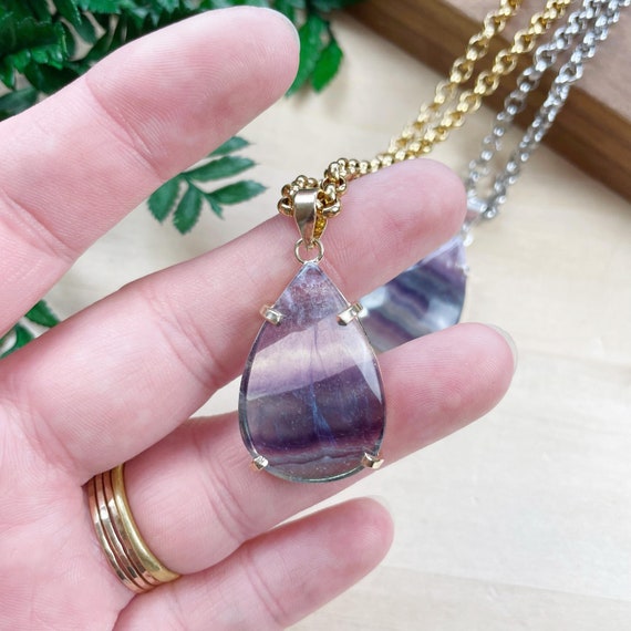 Fluorite Teardrop Prong Necklace, Gold Silver Gemstone Stone Charm Necklace, Layering Simple Necklace (EPJ-NAWA25)