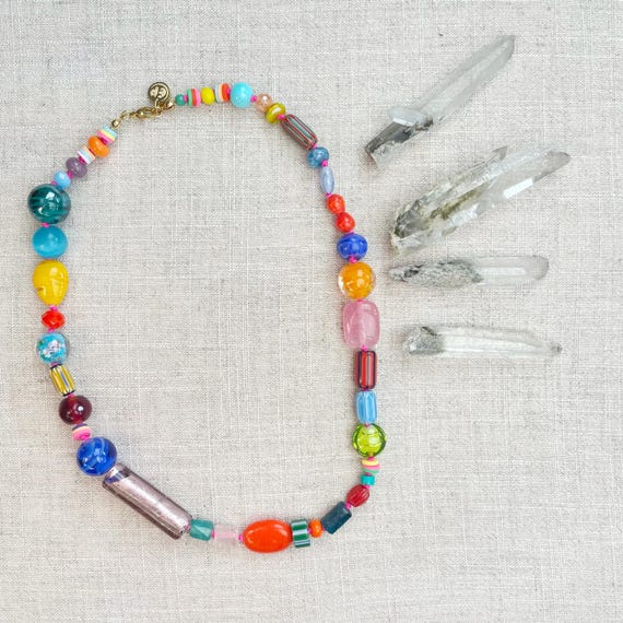 Chunky Confetti/// Colorful Crystal Gemstone Hand Knotted Beaded Necklace (DEJ-BBCA10-C-1)