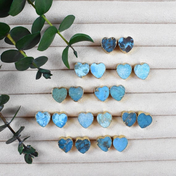 Turquoise Heart Stud Earrings, Gold Gemstone Earrings, Delicate Statement Earrings (EPJ-ESBB11)