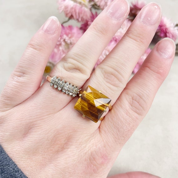 Gold Faceted Tiger Eye Square Gemstone Adjustable Ring (EPJ-RTD19-5)