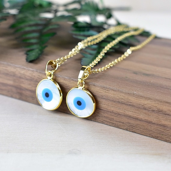 Mother of Pearl Evil Eye Pendant Necklace, Gold Gemstone White Blue Evil Eye Necklace, Mother of Pearl Natural Stone (EPJ-NH20AAA11)