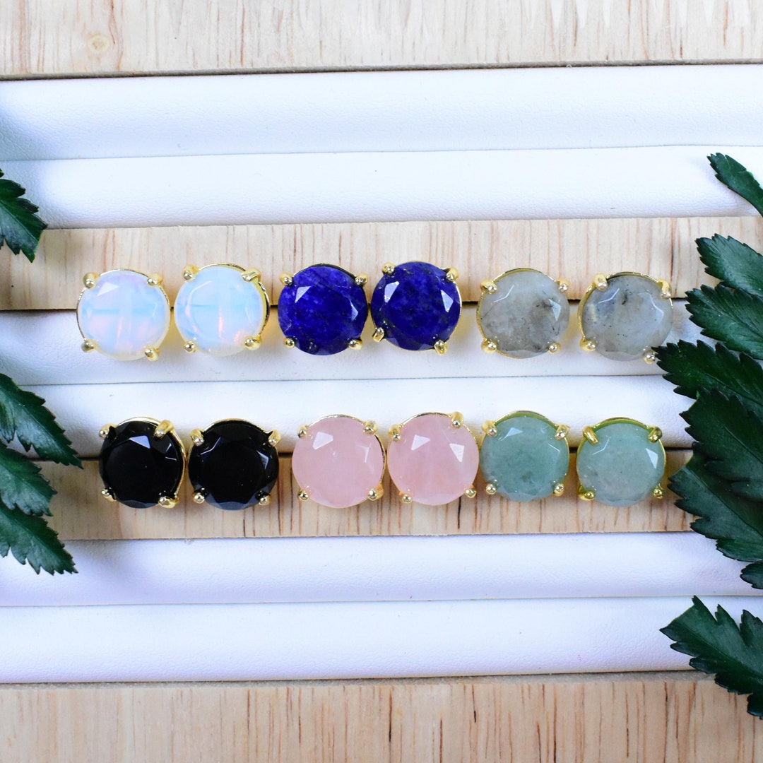 Faceted Round Gem Stud Earrings, Gold Gemstone Cabochon Earrings EPJ