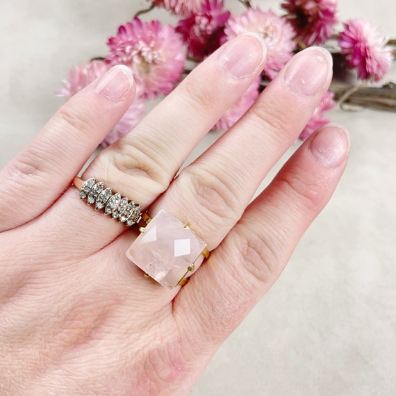 Gold Faceted Rose Quartz Square Gemstone Adjustable Ring (EPJ-RTD19-4)