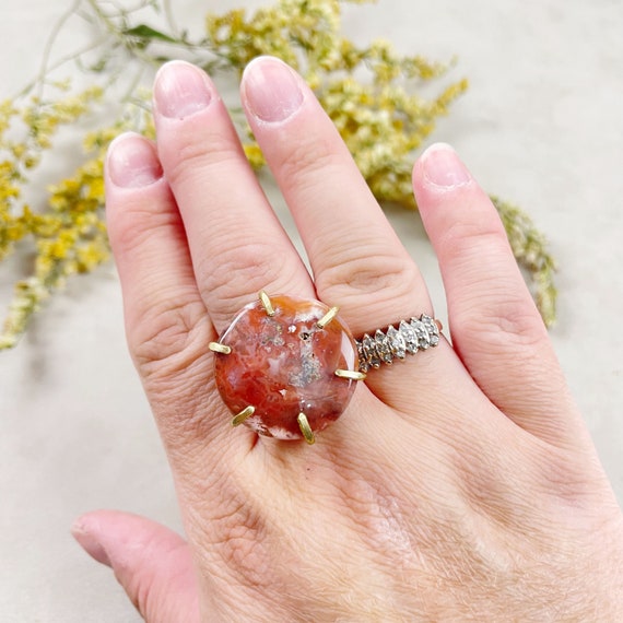 Raw Brass Pink Agate Gemstone Crystal Ring (EPJ-RB10-17)