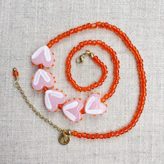 Lovie/// Orange Pink Heart Lampwork Glass Beaded Necklace (DEJ-BBCD13-OP)