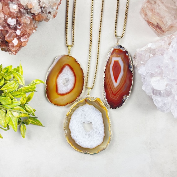 Gold Brown Agate Slice Necklace (EPJ-NAAE21)