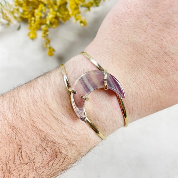 Gold Fluorite Crescent Moon Statement Cuff Bracelet (EPJ-BAAA21-3)