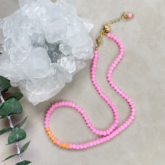 Mia// Pink Grapefruit Crystal Beaded Delicate Necklace (EPJ-NSBA11-PG)