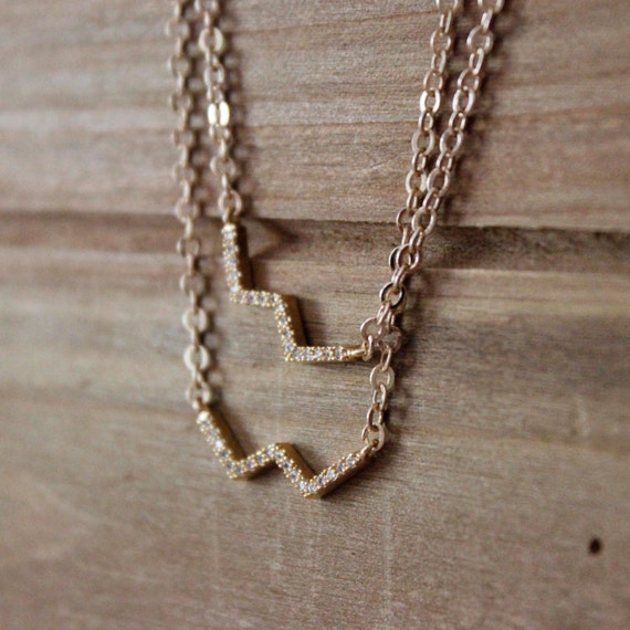 CZ Gold Ziz Zag Layering Charm Necklace/ Gold Crystal Zig Zig Geometric Charm Layering Simple Pendant (NCG13)