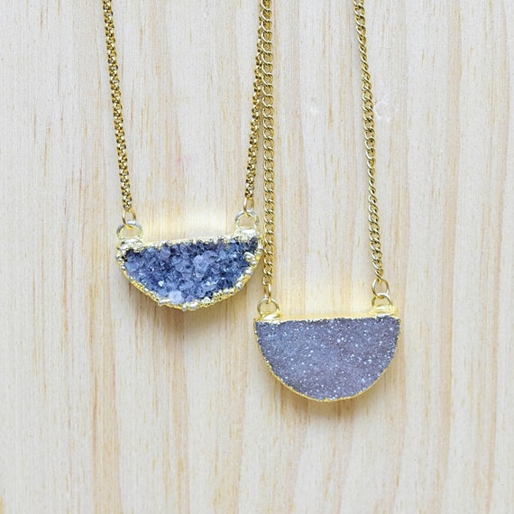 Half Round Druzy Necklace, Gold Gemstone Layering Pendant Necklace (EPJ-N19SAF11)