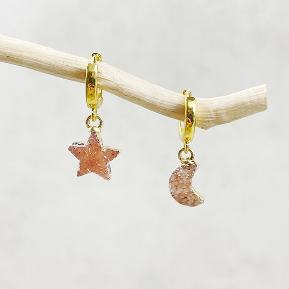 Gold Mini Druzy Star Moon Huggie Earrings (EPJ-EA17)