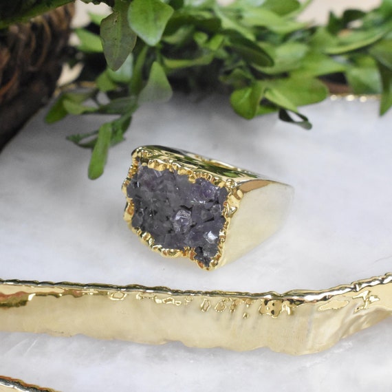 Gold Amethyst Druzy Carved Ring, Gemstone Druzy Ring, Statement Gem Ring, Natural Stone Large Ring, Size 5.5 (EPJ-RCBA11-4)