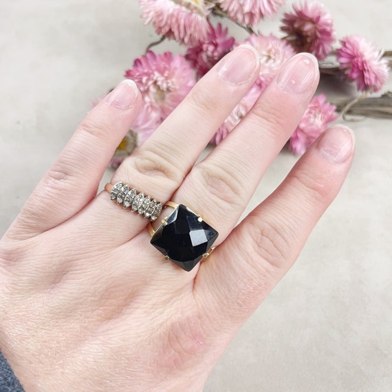 Gold Faceted Black Onyx Square Gemstone Adjustable Ring (EPJ-RTD19-8)