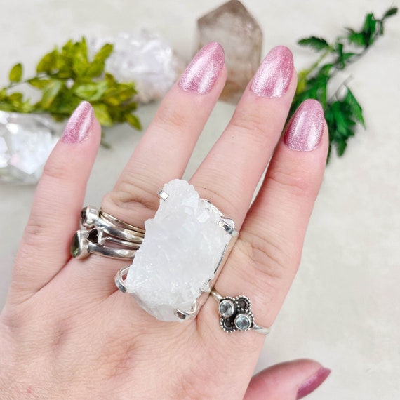 Silver Clear Quartz Cluster Statement Cuff Ring (EPJ-RCC11-6)