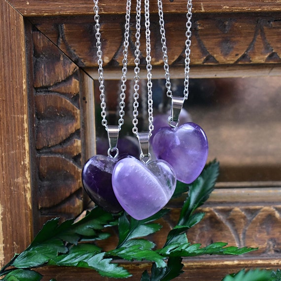 Amethyst Heart Necklace, Silver Gemstone Necklace, Layering Statement Necklace (EPJ-NW20ABB15)