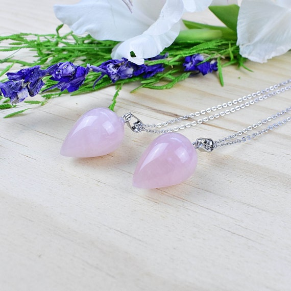 Rose Quartz Upside Down Drop Necklace, Silver Gemstone Statement Layering Necklace, Pendant Delicate Necklace (EPJ-NG20AAC12)