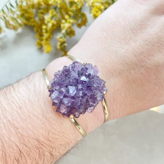 Gold Amethyst Flower Druzy Arc Cuff Bracelet (EPJ-BCCA14-2)