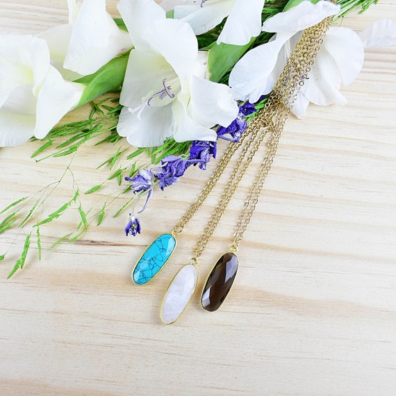 Gem Drop Necklace, Gold Gemstone Necklace, Layering Statement Necklace, Delicate Drop Necklace (EPJ-N19GAA15)