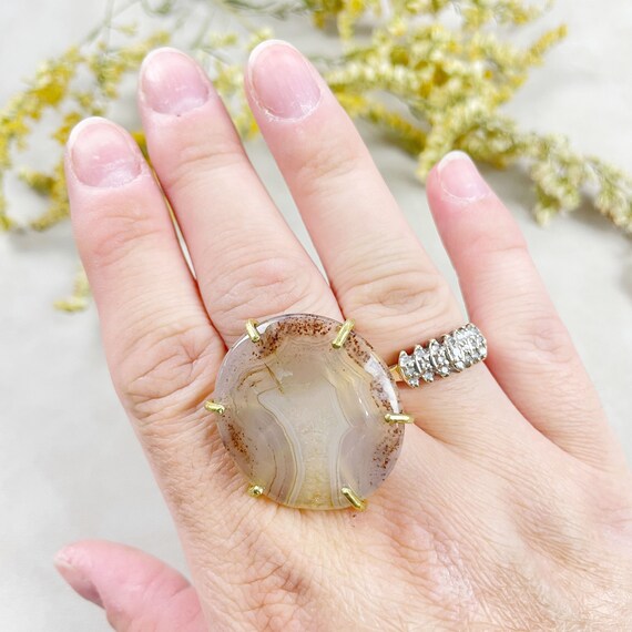 Raw Brass Montana Agate Gemstone Crystal Ring (EPJ-RB10-21)