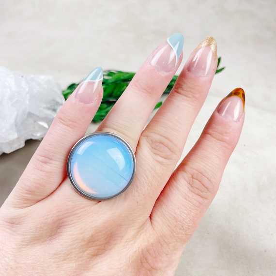 Silver Opalite Cabochon Stainless Steel Adjustable Ring (EPJ-RAB18-OP-S)