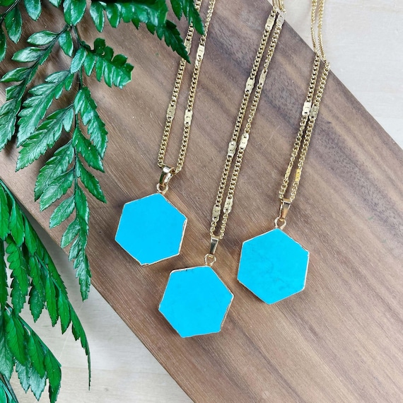 Gold Turquoise Hexagon Necklace, Gold Layering Pendant Necklace (EPJ-NAWA32)