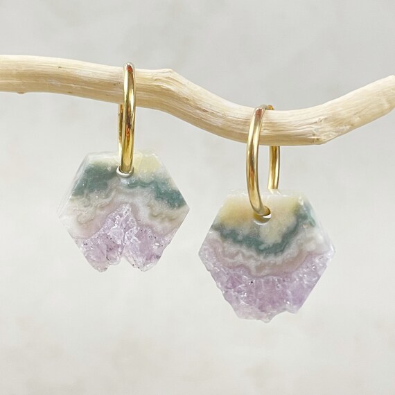 Gold Hexagon Amethyst Slice Hoop Earrings (EPJ-EA15)