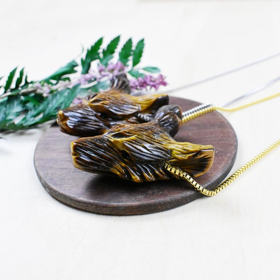Tiger Eye Wolf Necklace, Gemstone Carved Animal Necklace, Statement Necklace, Silver Gold Layering Stone Necklace (EPJ-C20AAA17)
