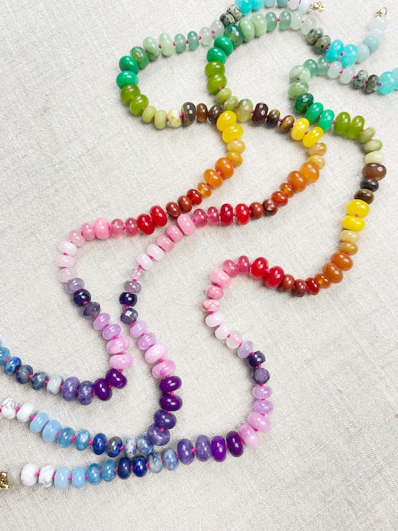 Chromatic Fade// Colorful Ombre Gemstone Beaded Handknotted Necklace (EPJ-NSB60)