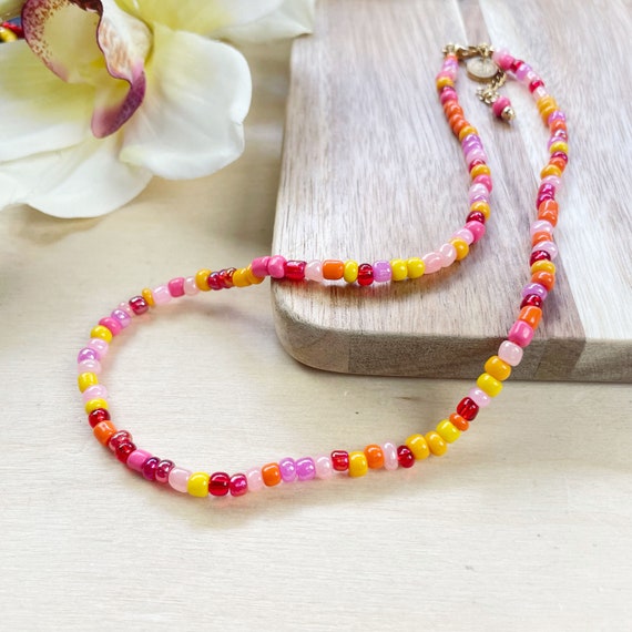 Mixie/// Sunrise Mixed Czech Glass Beaded Necklace, Gold Colorful Choker Necklace, Layering Statement Necklace (DEJ-21BAA20-SR)