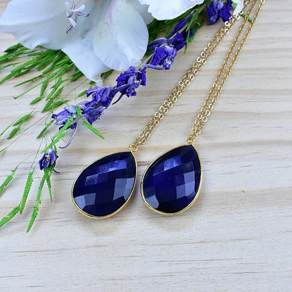 Blue Cat's Eye Teardrop Necklace, Gold Gemstone Necklace, Layering Statement Necklace (EPJ-NQ19DAA10)