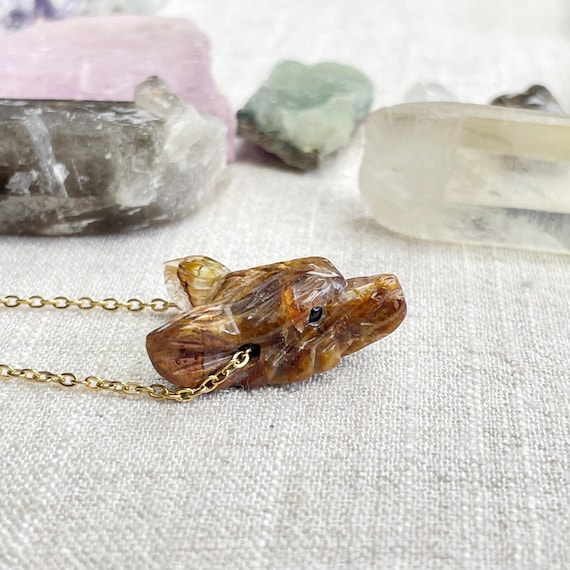 Mini Rutilated Quartz Carved Wolf Necklace, Gold Gemstone Layering Necklace, Statement Pendant Necklace (EPJ-WAAA19)