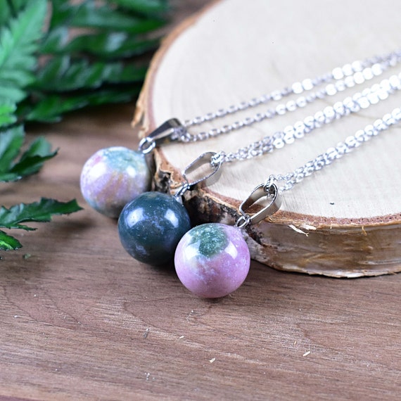 India Agate 14mm Orb Necklace, Silver Gemstone Necklace, Layering Statement Necklace (EPJ-NW20AAB33)