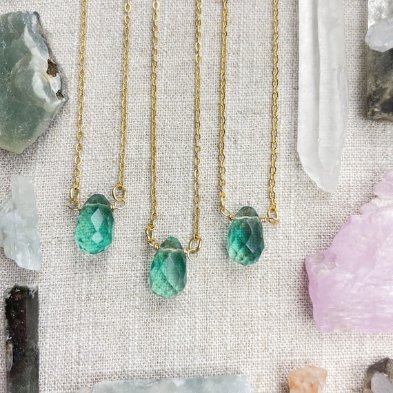 Green Fluorite Faceted Briolle Drop Delicate Necklace (EPJ-NAAE53)