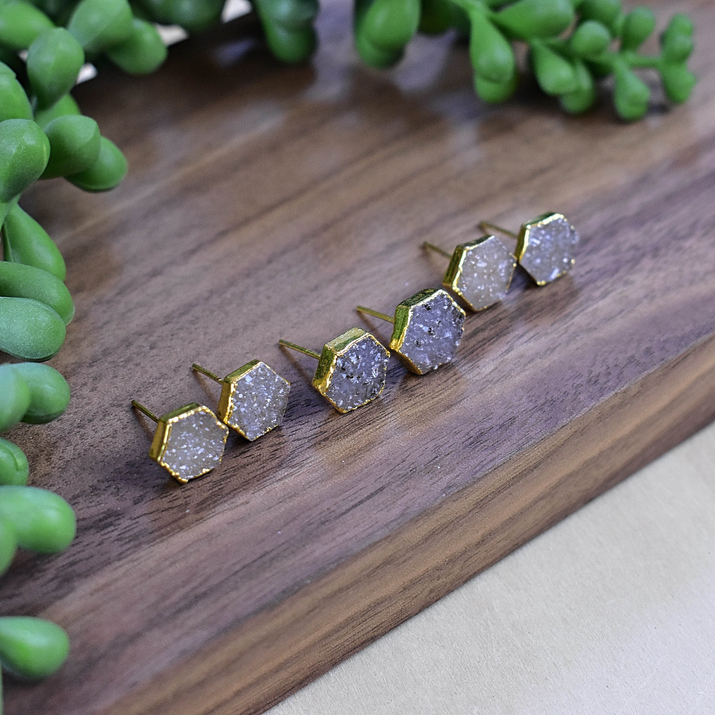 Hexagon 10mm Druzy Stud Earrings Gold Gemstone Studs Natural Etsy
