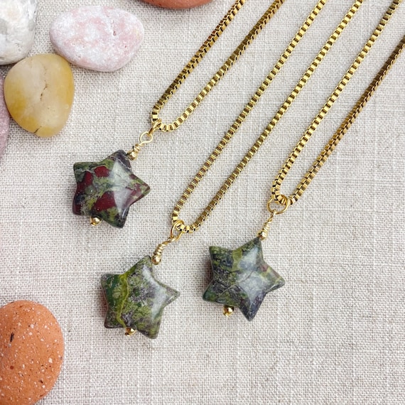 Dragonblood Jasper Star Bead Pendant Gold Necklace (EPJ-N3AA11-DB)