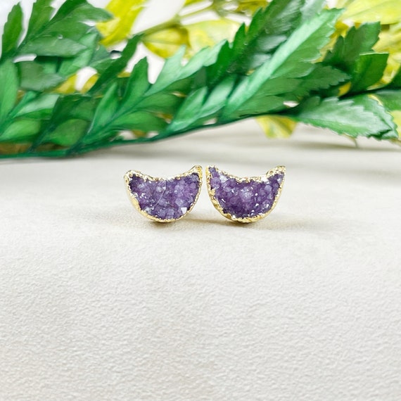 Purple Crescent Moon Druzy Stud Earrings (EPJ-ERAA11-PR)