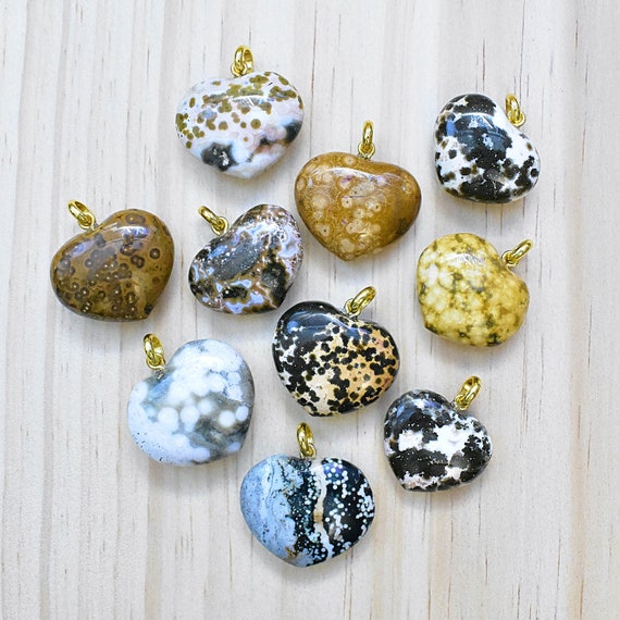 Ocean Jasper Heart Necklace, Gold Gemstone Stone Charm Necklace, Layering Simple Necklace (EPJ-N20AAA10)