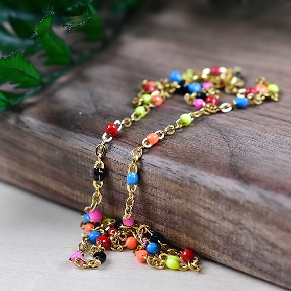 Rainbow Confetti Stainless Steel Choker Necklace, Colorful Enamel Statement Necklace, Delicate Layering Charm Necklace (EPJ-N208CAA13)