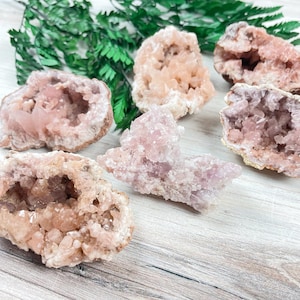 May include: Six pink amethyst crystal clusters with various shapes and sizes. The crystals are arranged on a light wood surface with green foliage in the background.
