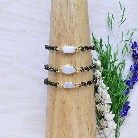 White Quartz Brass Rolo Chain Bracelet, Gold Brass Adjustable Chain Bracelet (EPJ-BF20AAB15)