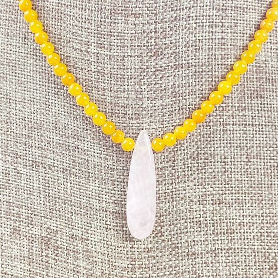 Miriam// Rose Quartz Teardrop Yellow Jade Beaded Necklace (EPJ-NSBB17-RQ)