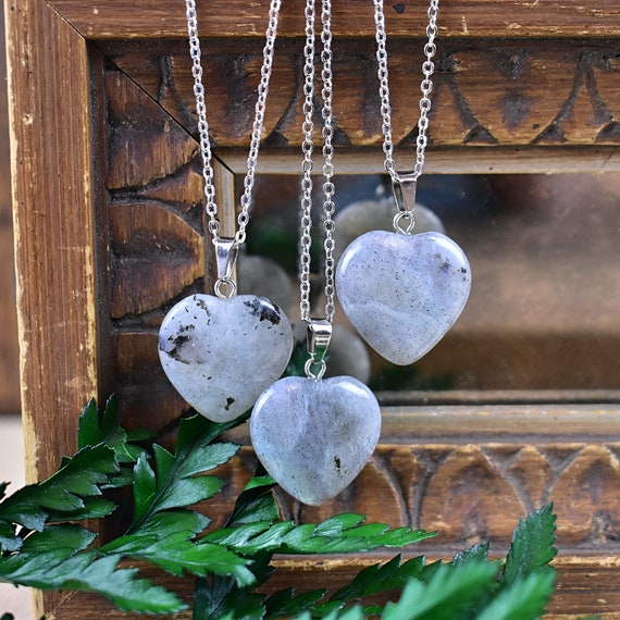 Labradorite 20mm Heart Necklace, Silver Gemstone Necklace, Layering Statement Necklace (EPJ-NW20ABB16)