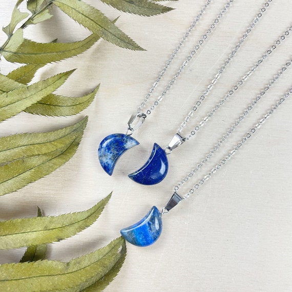 Lapis Lazuli 19x12mm Crescent Moon Necklace, Silver Gemstone Necklace, Layering Statement Necklace (EPJ-N24A18)