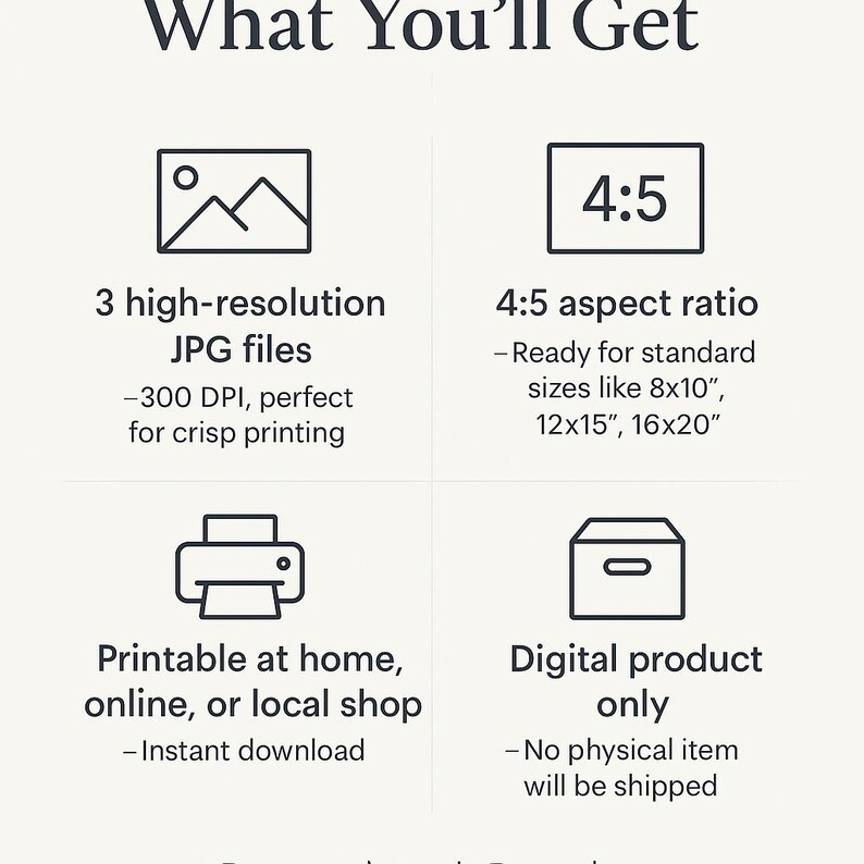 May include: An informational graphic titled What You'll Get featuring four sections with icons. It details 3 high-resolution JPG files at 300 DPI, a 4:5 aspect ratio for 8x10, 12x15, and 16x20 inch prints, printing options, and a digital product notice.