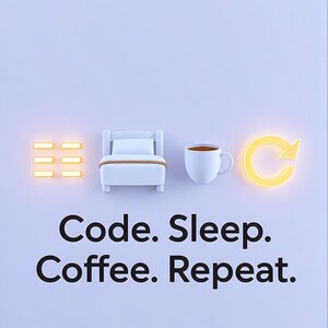 May include: A light purple graphic featuring six glowing yellow horizontal bars, a white bed, a white coffee mug, and a glowing yellow circular arrow icon. Below the icons, the black text reads: Code. Sleep. Coffee. Repeat.