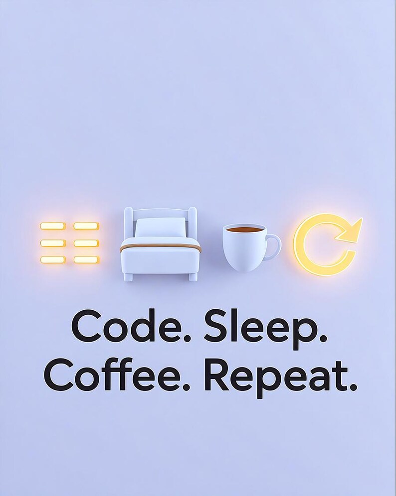 May include: A light purple graphic featuring six glowing yellow horizontal bars, a white bed, a white coffee mug, and a glowing yellow circular arrow icon. Below the icons, the black text reads: Code. Sleep. Coffee. Repeat.