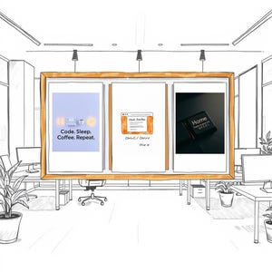 May include: A large rectangular wooden frame containing three distinct prints. The left print features the text Code. Sleep. Coffee. Repeat. The center print shows a browser window labeled Stack Overflow with Ctrl+C / Ctrl+V Ship it. The right print displays a black keycap with the text Home There's no place like 127.0.0.1.