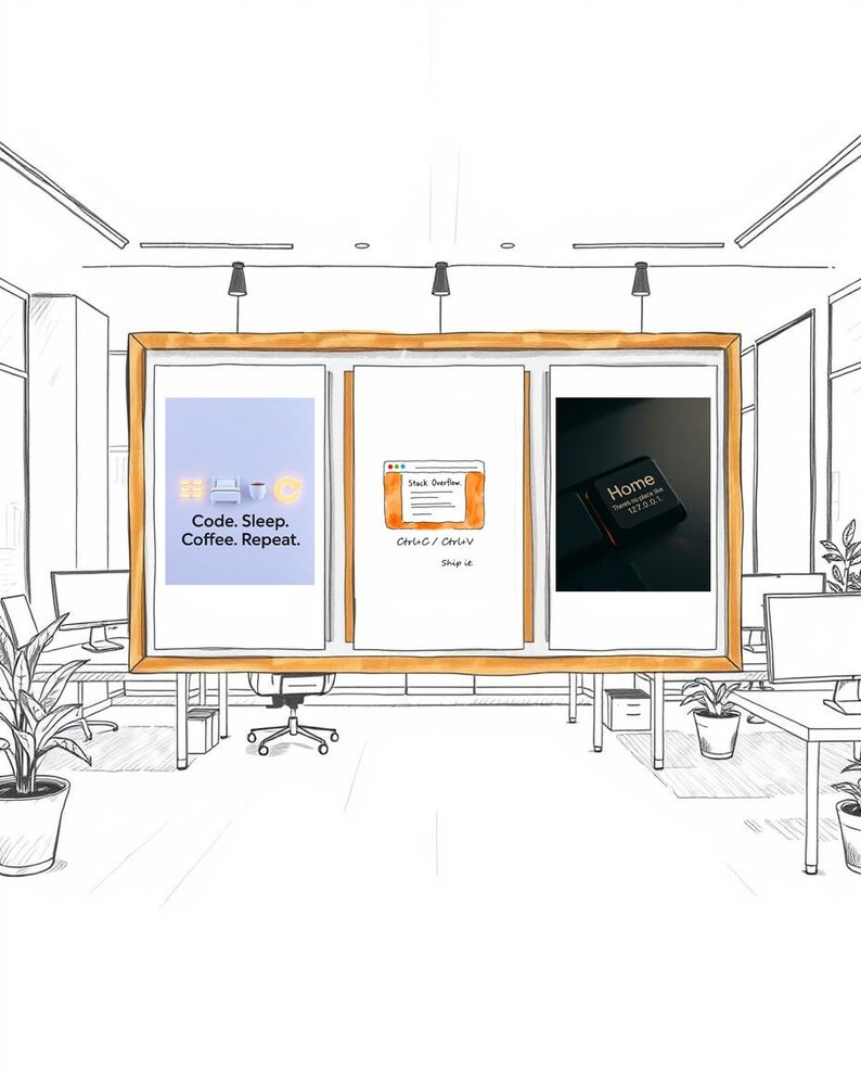 May include: A large rectangular wooden frame containing three distinct prints. The left print features the text Code. Sleep. Coffee. Repeat. The center print shows a browser window labeled Stack Overflow with Ctrl+C / Ctrl+V Ship it. The right print displays a black keycap with the text Home There's no place like 127.0.0.1.