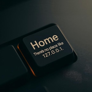 May include: A black computer keyboard key with the word Home printed in white, followed by the text There's no place like 127.0.0.1. The key has a smooth, matte finish and is positioned among other dark keys on a standard computer keyboard.